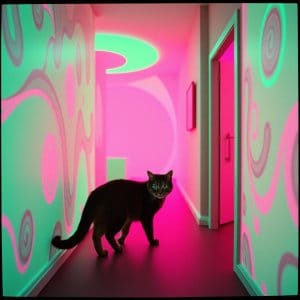 Black cat standing in a neon pink and green hallway with psychedelic patterns.