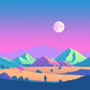 A stylized digital landscape featuring a lone figure with a bow standing in a vibrant desert under a full moon, surrounded by pastel-colored mountains and a pink-to-blue gradient sky.