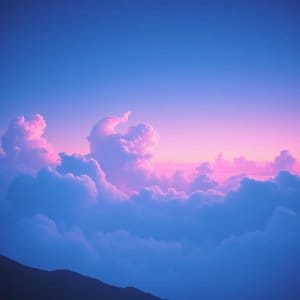 A surreal sky filled with soft, fluffy clouds in shades of blue and pink, illuminated by a dreamy sunset or sunrise glow above a dark mountain ridge.