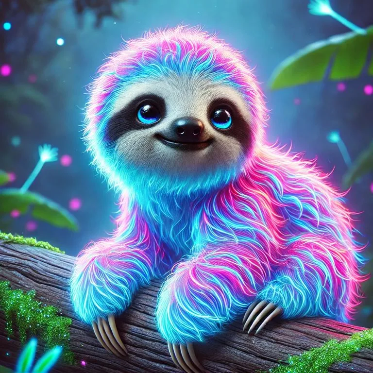 Adorable neon sloth mascot with glowing blue and pink fur perched on a mossy log in a magical forest
