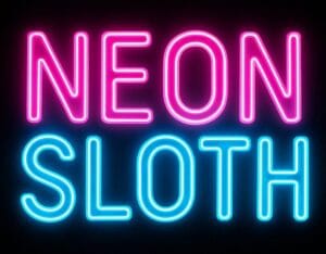 Stacked neon logo that reads “NEON SLOTH” in glowing pink and blue letters on a black background